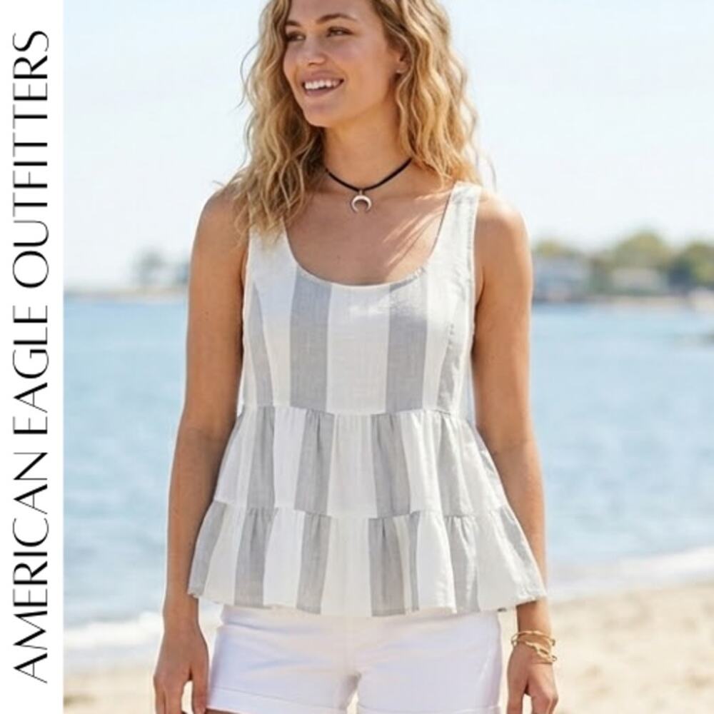 AMERICAN EAGLE Blue White Stripe Ruffle Hem Peplum Tank Top S NWT